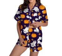 Set di due pezzi per le donne Loungewear Donna Grafica Stampato Raso Simpatici Bottoni Manica Corta Top Pantaloncini Set Lingerie Homewear, Viola, M