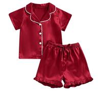 Set di due pezzi per ragazze, camicetta a maniche corte e pantaloncini con risvolto tinta unita e abbottonato, rosso, 12-13 Anni