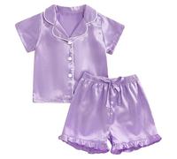 Set di due pezzi per ragazze, camicetta a maniche corte e pantaloncini con risvolto tinta unita e abbottonato, viola., 10-11 Anni