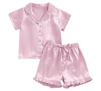 Set di due pezzi per ragazze, camicetta a maniche corte e pantaloncini con risvolto tinta unita e abbottonato, Rosa, 10-11 Anni