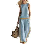 Set di due pezzi senza maniche da donna | blocco del colore | gilet girocollo senza maniche e pantaloni a palazzo abiti estivi | abbigliamento quotidiano, blu cielo, 4x_l