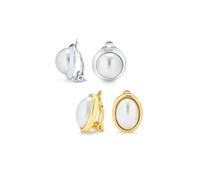 Set di due semplici orecchini a clip ovali con cabochon di perla simulata bianca per donne senza fori alle orecchie in ottone placcato argento oro.