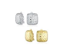 Set di due semplici orecchini a clip quadrati martellati con texture a macchie geometriche casual per donne senza orecchie forate placcati in argento oro.