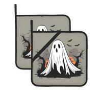 Set di due tappetini da cucina resistenti al calore, quadrati, isolati, ideali per il coperchio a pentola a cucina e per barbecue all'aperto, stampe di fantasmi di Halloween