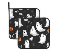 Set di due tappetini da cucina resistenti al calore, quadrati, isolati, ideali per il coperchio a pentola a cucina e il barbecue all'aperto, stampe nere e fantasmi di Halloween.