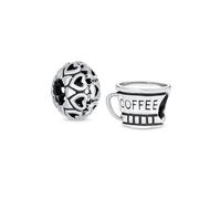 Set di Due Tazze da Viaggio Caffè & Amore San Valentino Multi Cuore Filigrana Aperta Ciondolo Perline Per Donne Adolescenti Argento Sterling Ossidato .925 Adatto a Bracciale Europeo