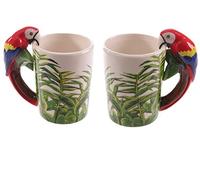 Set di due tazze Jungle in ceramica con manico a forma di pappagallo