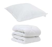 Set di duvet invernale trapuntato 135 x 200 cm con cuscino 80 bianco in microfibra. Ha una cucitura a scatola per trattenere il calore. Lavabile in lavatrice e include una borsa per il trasporto. Uso