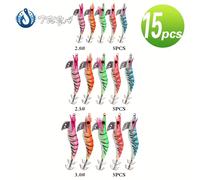 Set di esche artificiali da 15 pezzi, gamberetti luminosi in legno, set di tre modelli 2.5#3.0#3.5#, confezione combinata per , polpi, seppie, , esche artificiali