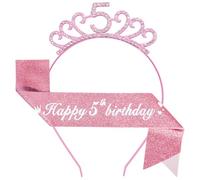 Set di fasce e fasce per capelli rosa per bambina, con scritta "Happy 5th Birthday", decorazione per il 5° compleanno