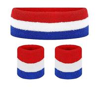 Set di fasce per il sudore sportive (1 fascia + 2 braccialetti) a righe rosse bianche e blu fascia sportiva in cotone elastico per pallacanestro tennis esercizio