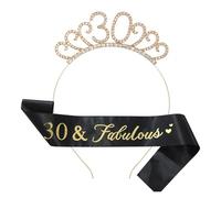 Set di fascia e corona per 30° compleanno da donna, diadema con strass di cristallo, decorazioni per 30° compleanno, per feste divertenti, regali e forniture per feste (nero)