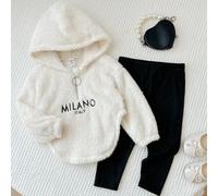 Set di felpa con cappuccio a maniche lunghe con stampa di lettere e leggings lavorati a maglia per bambina, stile fashion minimalista con stampa della lettera Milano, morbido e confortevole, adatto pe