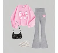 Set di felpa con scollo a giro e stampa fiore e fiocco e pantaloni in maglia a vita alta a zampa d''elefante per ragazze pre-adolescenti 8Y,9Y,10Y,11Y,12YGrafico,Lettere,Motivo strutturatoTessuto,Poli