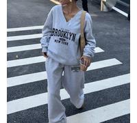 Set di felpa con scollo a V e pantaloni con logo Brooklyn, casual, foderato termicamente, adatto per autunno/inverno, old money, new money, abbigliamento donna autunnale, abbigliamento scolastico, bac