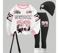 Set di felpa girocollo e leggings da donna per autunno/inverno/casual/streetwear, look da rientro a scuola, stile Y2K, outfit, streetwear, grafica New York N.23 L,M,S,XL,XSGeometrico,LettereTessuto in