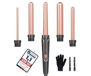 Set di ferro arricciacapelli 5 in 1, adatto per tutti i tipi di capelli, materiale ceramico, riscaldamento rapido con due livelli di temperatura, guanti e 2 fermagli per capelli.
