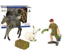 Set di figurine della fattoria - cavallo grigio, lepre e contadino