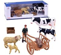 Set di figurine fattoria - mucca, vitello, ariete, pecora e contadino con recinto per animali - C