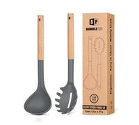 Set di forchetta e mestolo in silicone con manico in legno, resistenti al calore, antiaderenti, utensili da cucina per cucinare, mescolare, servire spaghetti, zuppe, salse (grigio)