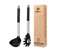 Set di forchetta e mestolo in silicone, grandi utensili da cucina antiaderenti per cucinare, mescolare, servire spaghetti, zuppe, salse (nero)
