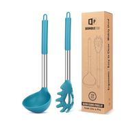 Set di forchetta per pasta e mestolo in silicone, grandi utensili da cucina antiaderenti per cucinare, mescolare, servire spaghetti, zuppa, salsa (AZZURRO)