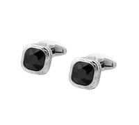 Set di gemelli e borchie da uomo, 1 paio di gemelli francesi con pietre preziose nere con bordo in argento, accessori classici per camicia da uomo