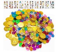 Set di gemme pirata, 160 pezzi monete d'oro pirata gemme tesoro pirata, caccia al tesoro bambini compleanno per bambini festa pirata giveaway (50 monete d'oro + 100 diamanti + 10 adesivi tatuaggio)
