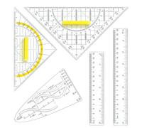 Set di geometria 5 pezzi righello 15 cm e 20 cm squadre con impugnatura | Due righelli trasparenti due squadre con impugnatura e una sagoma per curve per scuola matematica e disegno