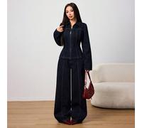Set di giacca da pendolare alla moda e jeans a gamba ampia da donna, top sexy vintage-ispirato con vita definita e pantaloni a gamba dritta con vita elastica in denim lavato scuro, due pezzi per l'aut