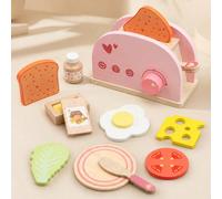 Set di giocattoli in legno a forma di tostapane, rosa e bianco. Include pane giocattolo, uova, formaggio, verdure, miele e altri accessori. Giocattoli in legno unisex per bambini e bambine, giocattoli