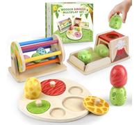Set di Giocattoli Montessori in Legno per Bambini - Uova di Dinosauro, Tamburo Rotante, Scatola di Permanenza , Gioco di Impilamento e Puzzle, Regalo Educativo per Bimbi 6+ Mesi 1 2 3 Anni (Naturale)