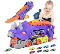Set di Giocattolo Trasporto Dinosauri, Auto da Corsa Giocattolo Pieghevole 2-in-1 con 8 Auto da Corsa, Giocattolo Trasformabile per Camion Portatile, Dal Veicolo da Trasporto a Triceratopo, Adatto per