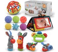 Set di giochi Montessori per bebè 0-6 mesi - Sonagli e palline sensoriali | Libro in tessuto con specchio per il tummy time e le prime scoperte: un regalo nascita per giocare insieme ogni giorno.