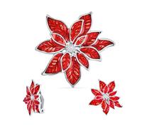 Bling Jewelry Set Di Gioielli Argentati Con Spilla Per Sciarpa Natalizia A Forma Di Grande Fiore Di Stoffa Bianco E Rosso, Orecchini A Clip Con Smalto A Forma Di Stella Di Natale Per Feste E Vacanze