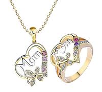 Set di gioielli con anello in tono S e collana con scritta "Mom", per il giorno della mamma e dell'amore, due gioielli placcati per la mamma, per ballo di fine anno