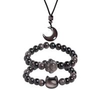 Set di gioielli con bracciale e collana con gatto e luna, ossidiana nera | Design ispirato al gatto, ciondolo a forma di luna, simbolo di ossidiana nera, scelta regalo significativa