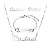 Set di Gioielli con Nome Personalizzato, Kucheed Collana Orecchini e Bracciale Placcati in Oro 18 Carati, Gioielli Unici con Lettere, Regali per Compleanno Anniversario Festa Della Mamma (Argento)