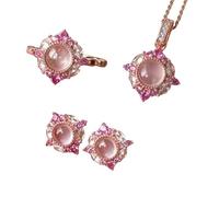 Set di gioielli con pietra rosa, design di ispirazione francese, collana con ciondolo, orecchini, anello, suite per donne