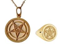 Set di gioielli con sigillo con simboli occulti ed esoterici|LK_PCOM_0328 | Ciondolo in argento sterling 925, misura 24 mm, pentagramma a stella placcato oro, collana con ciondolo significativo.