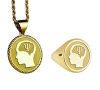 Set di gioielli con sigillo con simbolo Psi della psicologia|LK_PCOM_0472 | Ciondolo in argento sterling 925, misura 24 mm, placcato oro, con ciondolo Mente e Anima. Set di gioielli significativi.