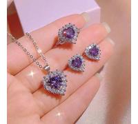 Set di gioielli da 4 pezzi elegante con collana, anello e orecchini con strass a forma di cuore viola, adatto per uso quotidiano, un regalo ideale per San Valentino, mamma, madre, festa della mamma Ta