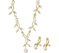 Set di gioielli da donna in 2 pezzi, collana di perle e orecchini con design a foglia di vite, catena d'oro e decorazioni in cristallo, perfetto per spose e damigelle d'onore
