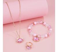 Set di gioielli da ragazza 3 pezzi con cristalli a forma di gatto, collana, braccialetto e anello con ciondolo a forma di gattino, stile principessa dolce rosa, regali di gioielli per bambini Tagli Un