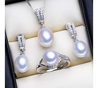 Set di Gioielli da Sposa Moda Naturale Collane con Ciondolo di Perle d'Acqua Dolce Orecchini Pendenti da Donna Elegante Set di Anelli Color Argento