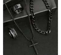 Set di gioielli da uomo minimalista da 4 pezzi, collana con croce nera, bracciale e 2 anelli, collana a catena semplice da uomo, regalo di gioielli in stile punk per il compleanno del fidanzato, adatt