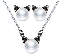 Set di gioielli di gatto con perle, collana di perle di gatto da donna in argento 925, simpatici orecchini di perle di gatto, regalo di Natale e compleanno, Zirconia cubica Argento sterling, Perla