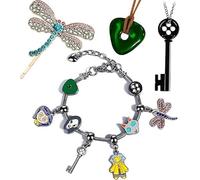 Set di gioielli e accessori per cosplay - Braccialetto con ciondoli e chiavi, collana in pietra verde, ciondolo a bottone e fermaglio per capelli a forma di libellula - Halloween, festa e regalo