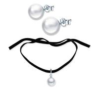 Set di gioielli in argento 925, collana girocollo da donna, con perle in velluto, orecchini a perla, regalo di Natale e compleanno, Zirconia cubica Argento sterling, Perla