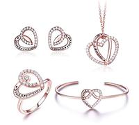 Set di gioielli in argento 925 per donne, set di gioielli in oro rosa a forma di cuore di San Valentino "Young Forever" con braccialetto, anello, orecchini e collana da sposa, 40+5 CM, Argento